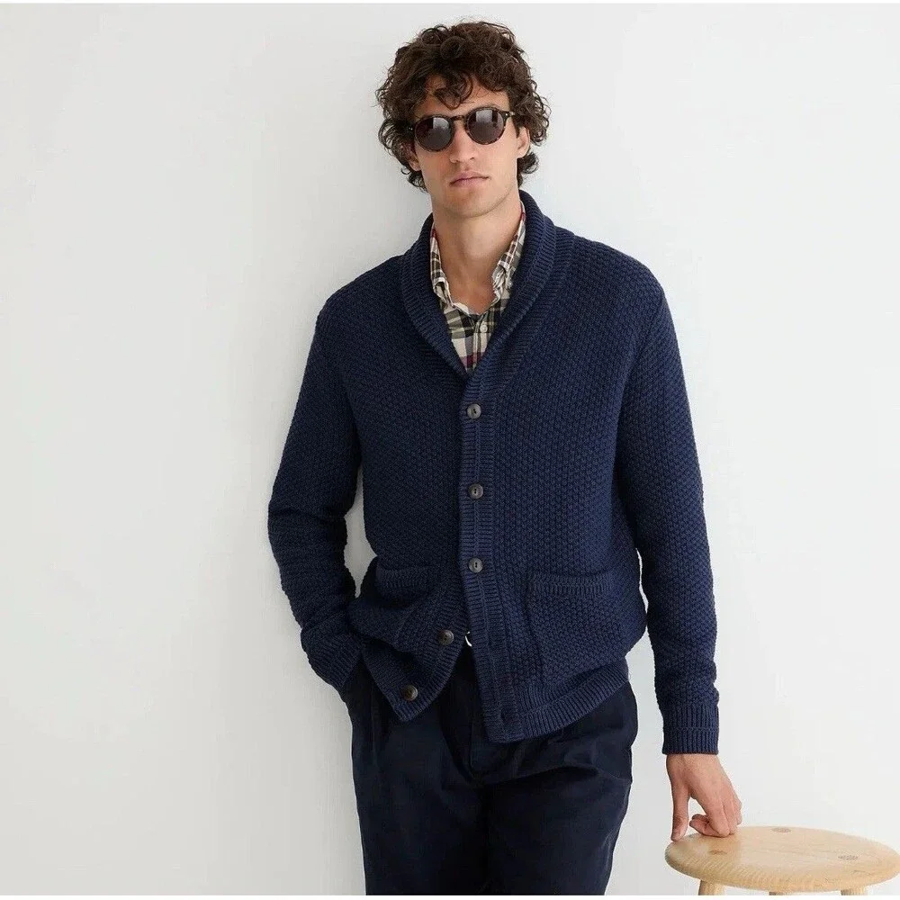J. Crew Cotton Cable Knit Shawl-Collar Cardigan M Navy Heritage Academia Preppy